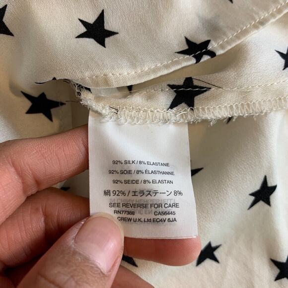 J Crew Blouse Womens 0 White Black Silk Blend Ruffle Star Print Keyhole Back Top - Picture 8 of 14